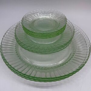 Fortecrisa Mexico Green Glass Plates Set 10pc Ribbed Scalloped Vintage Used